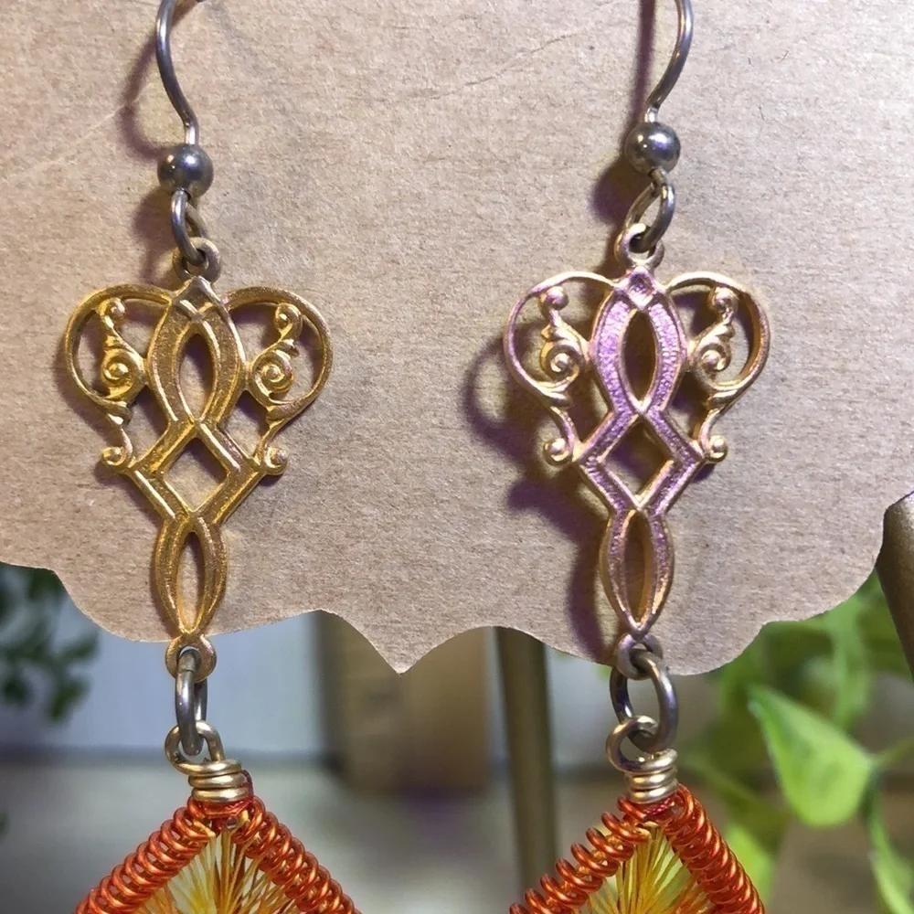 Peruvian Thread Art Earrings Golden to Orange